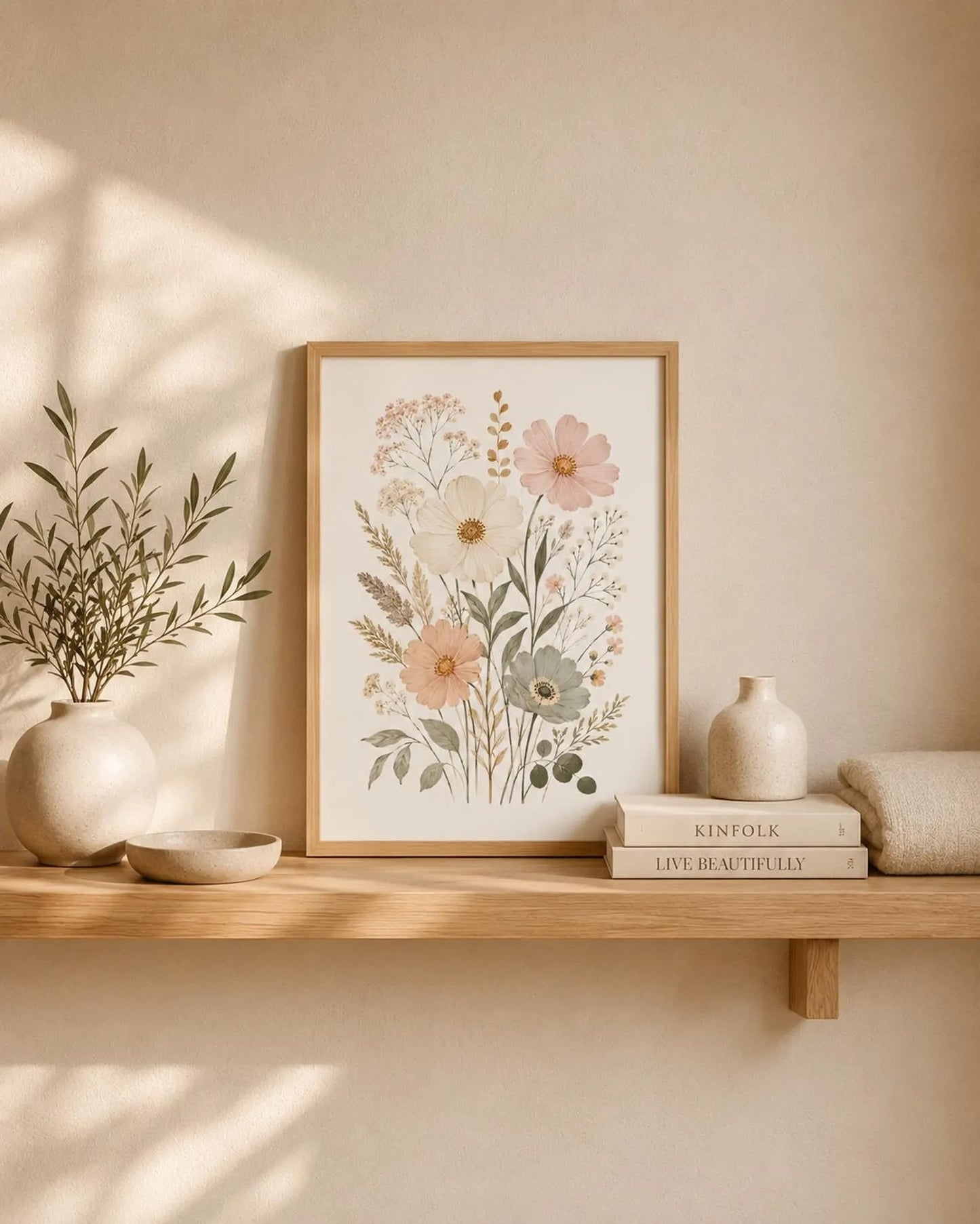 Pastel Floral Print, Scandinavian Boho Wall Art, Neutral Botanical