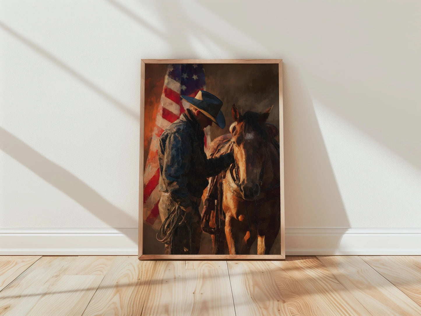 Cowboy Horse American Flag Print, Rustic Western Wall Art decor
