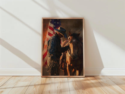 Cowboy Horse American Flag Print, Rustic Western Wall Art decor