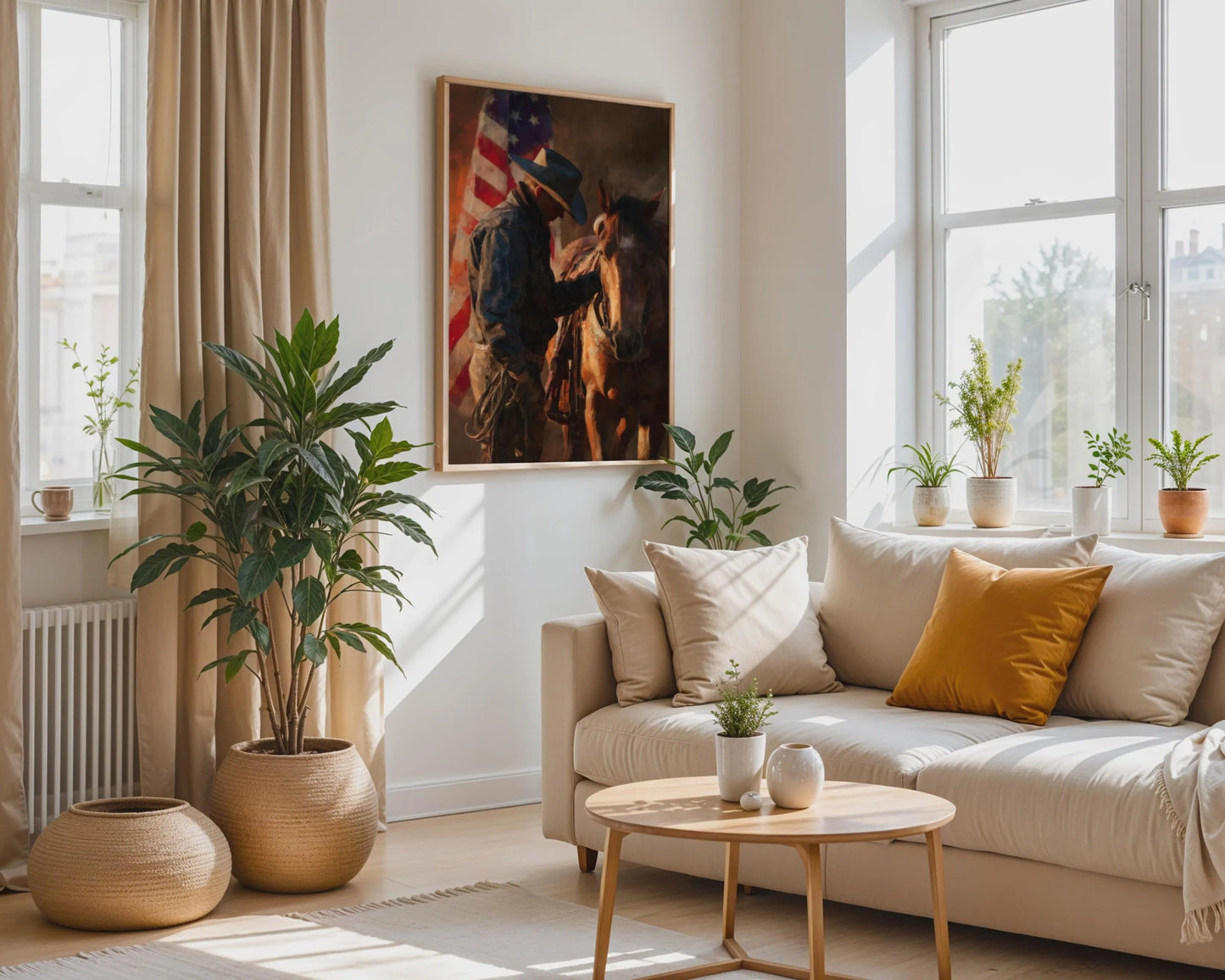 Cowboy Horse American Flag Print, Rustic Western Wall Art decor