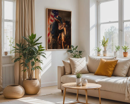 Cowboy Horse American Flag Print, Rustic Western Wall Art decor