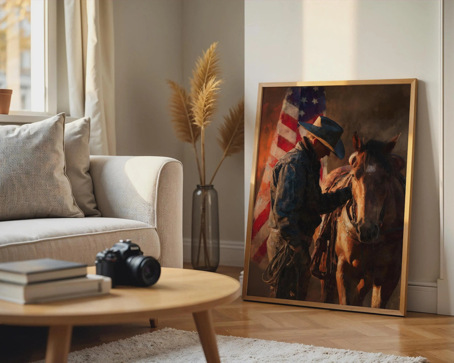 Cowboy Horse American Flag Print, Rustic Western Wall Art decor