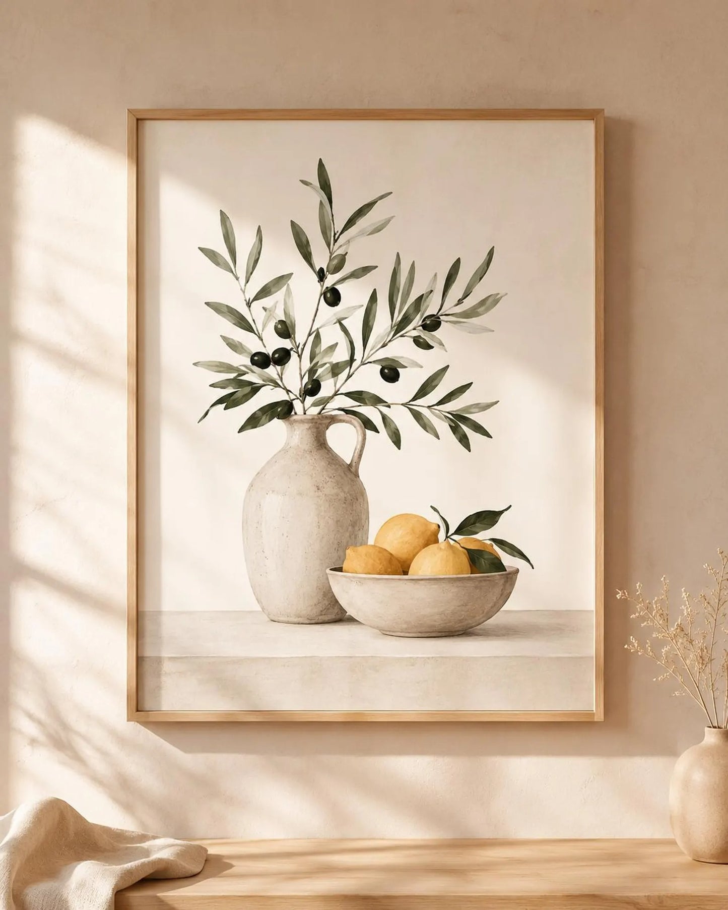 Kitchen Wall Art Print, Olive Branch, Lemon Artwork, Scandinavian Boho Decor