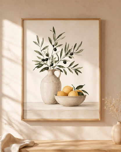 Kitchen Wall Art Print, Olive Branch, Lemon Artwork, Scandinavian Boho Decor