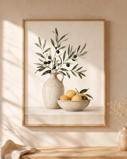 Kitchen Wall Art Print, Olive Branch, Lemon Artwork, Scandinavian Boho Decor