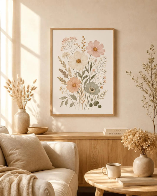 Pastel Floral Print, Scandinavian Boho Wall Art, Neutral Botanical