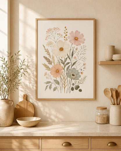 Pastel Floral Print, Scandinavian Boho Wall Art, Neutral Botanical