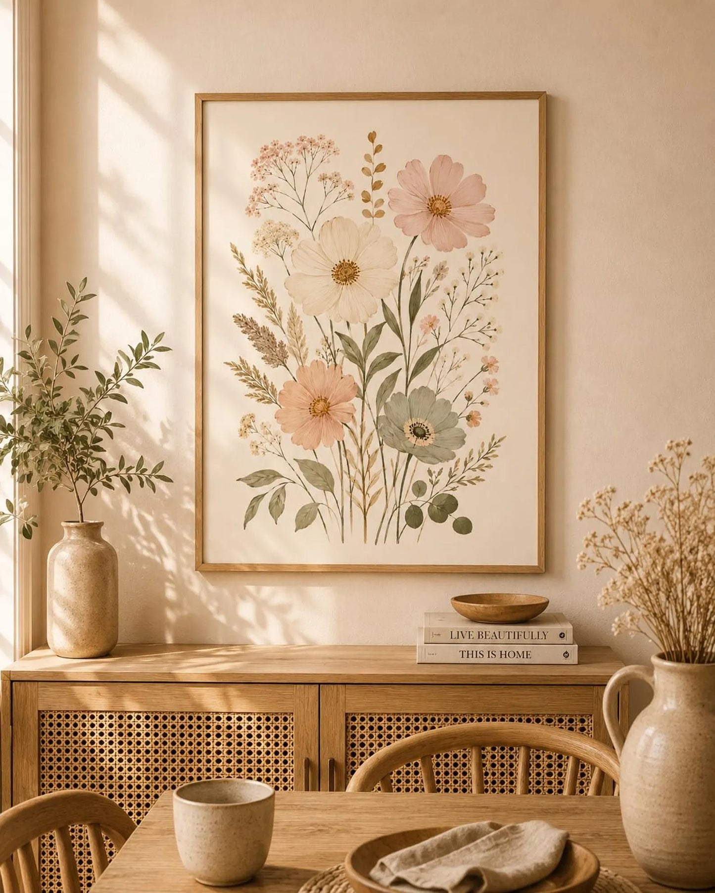 Pastel Floral Print, Scandinavian Boho Wall Art, Neutral Botanical