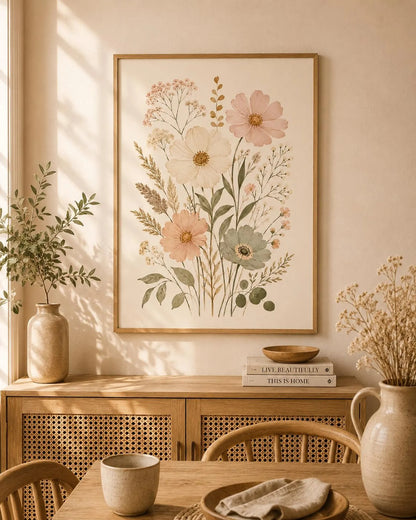 Pastel Floral Print, Scandinavian Boho Wall Art, Neutral Botanical