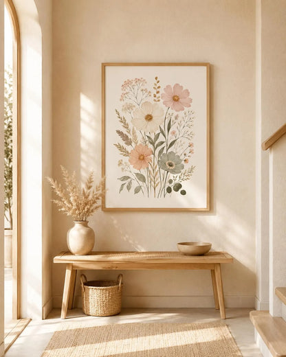 Pastel Floral Print, Scandinavian Boho Wall Art, Neutral Botanical